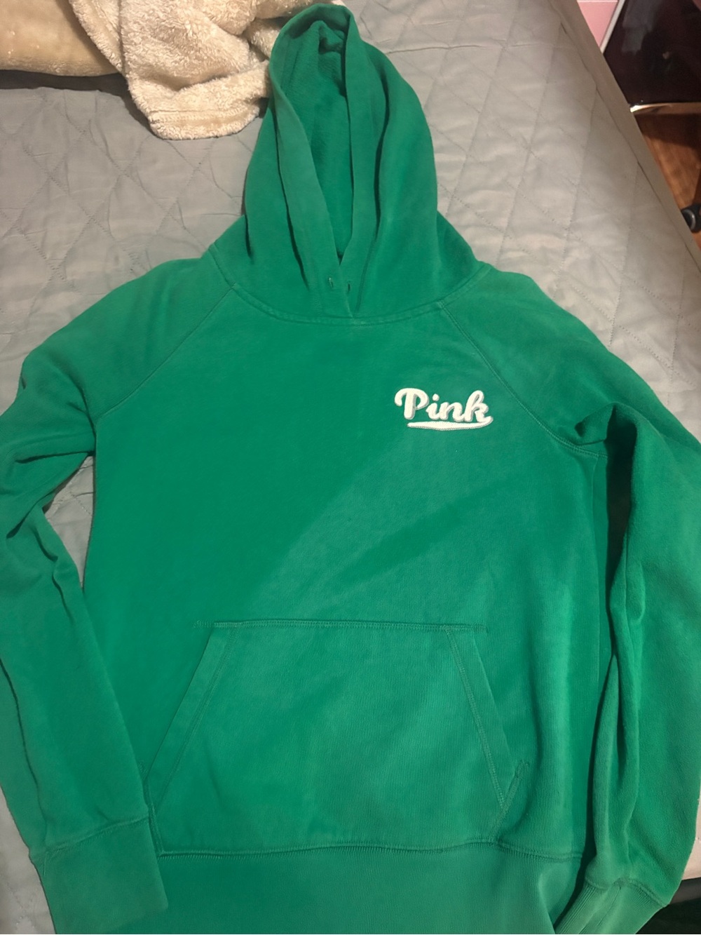 PINK Victoria's Secret Green Hooded Sweatshirt with White Logo